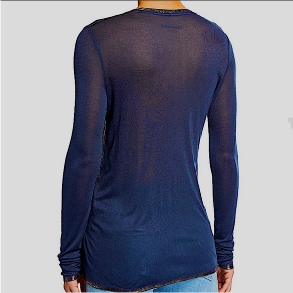 NWOT Zadig & Voltaire Willy Foil T-Shirt Navy Long Sleeve Silver Foil Tee, XS - Picture 10 of 14